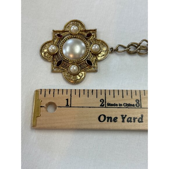 Vintage Medallian Goldtone Necklace With Faux Pearls Red Rhinestones Statement - Picture 7 of 9